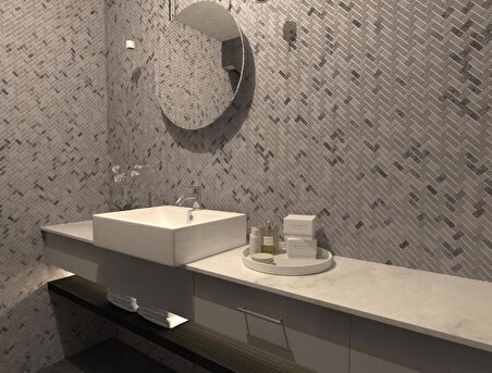 Tuqco Doğal Taş Herringbone Muğla Beyazı - Gümüş Honlu Mermer Mozaik Banyo Mutfak Tezgah Arası Duvar Kaplama Döşeme Paneli Fileli