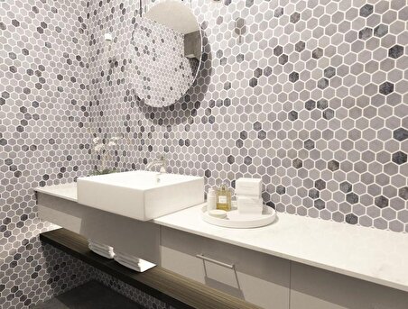 Tuqco Doğal Taş 1 inch Fileli Hexagon Muğla Beyazı - Gümüş Eskitme Mermer Mozaik Banyo Mutfak Tezgah Arası Duvar Kaplama Döşeme Paneli