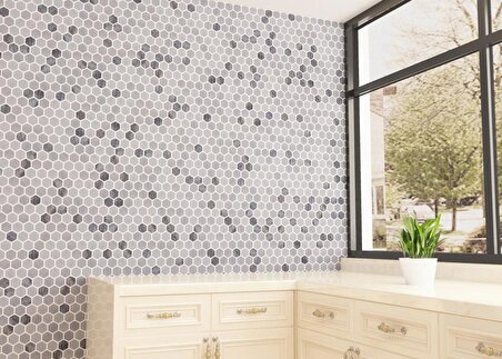 Tuqco Doğal Taş 1 inch Fileli Hexagon Muğla Beyazı - Gümüş Eskitme Mermer Mozaik Banyo Mutfak Tezgah Arası Duvar Kaplama Döşeme Paneli