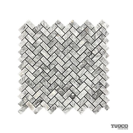 Tuqco Doğal Taş Herringbone Gümüş Honlu Mermer Mozaik Banyo Mutfak Tezgah Arası Duvar Kaplama Döşeme Paneli Fileli