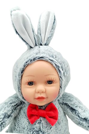 Sevimli Bebek Yüzlü Papyonlu Peluş Oyuncak Tavşan 45cm. Gri