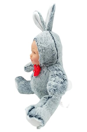 Sevimli Bebek Yüzlü Papyonlu Peluş Oyuncak Tavşan 45cm. Gri