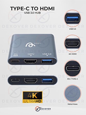 Type-C To Hdmı Adaptör USB-C Adaptör+ USB 3.0 HUB