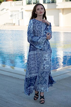 Rahat Kesim Desenli Şifon Elbise-Saks