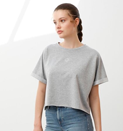 Nors Oversize Crop Kadın T-shirt Açık Gri Melanj