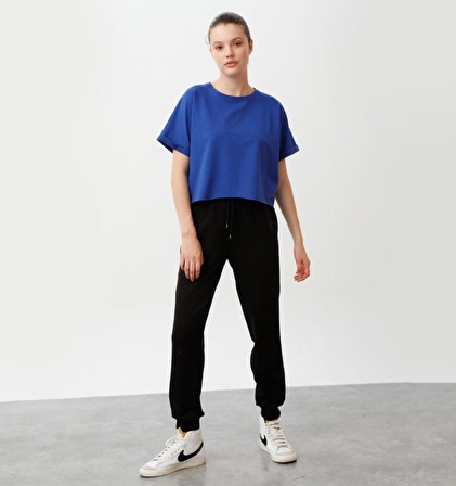 Nors Oversize Crop Kadın T-shirt Saks Mavi