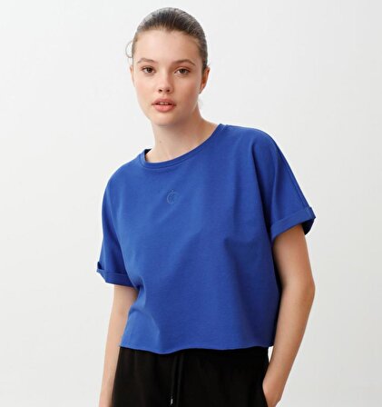 Nors Oversize Crop Kadın T-shirt Saks Mavi