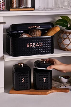 Elmas Karbon Çelik Ekmek Kutusu Saklama Kabı Hediyeli Siyah