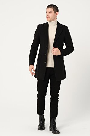 Erkek Cepli Düğmeli Kışlık Yünlü Klasik Uzun Palto Kaban
