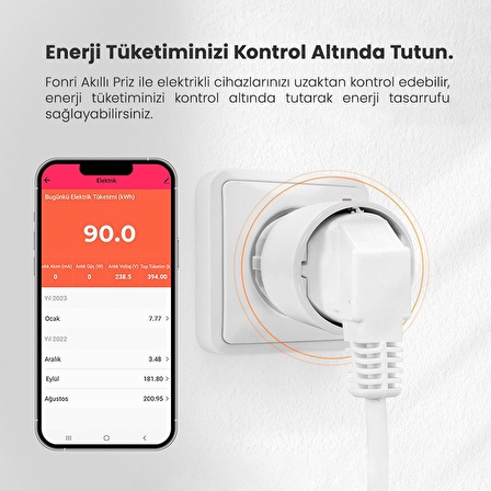 Fonri Akıllı Priz (16 AMPER), Uzaktan Kontrol, Wifi, Anlık Enerji Tüketim Takip, Zamanlayıcı