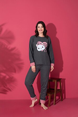Antrasit Sweet Cat İnterlok Pijama Takımı
