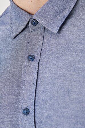 Erkek Lacivert Slim Fit Dar Kesim Pamuklu Gizli Düğmeli Yaka Uzun Kollu Oxford Gömlek