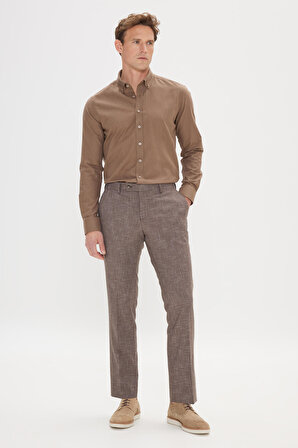 Erkek Kahverengi Tailored Slim Fit Oxford Düğmeli Yaka Keten Görünümlü %100 Pamuk Flamlı Gömlek