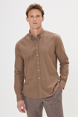 Erkek Kahverengi Tailored Slim Fit Oxford Düğmeli Yaka Keten Görünümlü %100 Pamuk Flamlı Gömlek