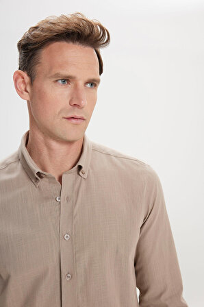 Erkek Vizon Tailored Slim Fit Dar Kesim Oxford Düğmeli Yaka Keten Görünümlü %100 Pamuk Flamlı Gömlek