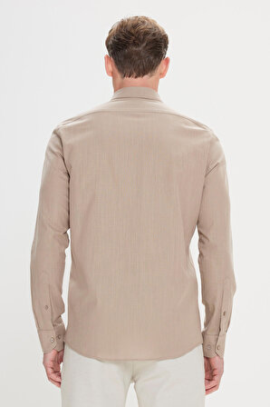 Erkek Vizon Tailored Slim Fit Dar Kesim Oxford Düğmeli Yaka Keten Görünümlü %100 Pamuk Flamlı Gömlek