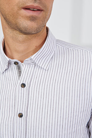 Erkek Beyaz Kahverengı Slim Fit Dar Kesim Gizli Düğmeli Yaka %100 Pamuk Çizgili Gömlek