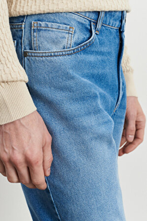 Erkek Açık Mavi Comfort Fit Rahat Kesim %100 Pamuk Jean Denim Kot Pantolon