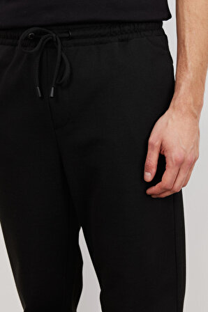 Erkek Siyah Standart Fit Normal Kesim Rahat Fleto Cepli Beli Bağlamalı Örme Esnek Pantolon