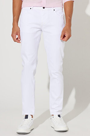 Erkek Beyaz 360 Derece Her Yöne Esneyen Slim Fit Dar Kesim Diyagonal Desenli Pantolon