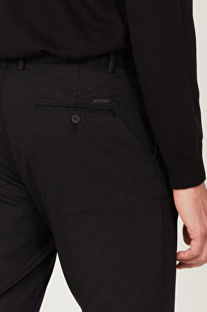 Erkek Siyah Slim Fit Dar Kesim Yan Cepli Pamuklu Diyagonal Desenli Esnek Pantolon