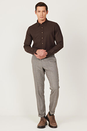 Erkek Kahverengi Comfort Fit Rahat Kesim Beli Lastikli Desenli Esnek Pantolon