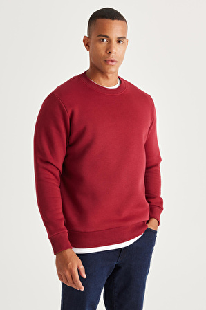 Erkek Bordo Standart Fit Normal Kesim Içi Polarlı 3 Iplik Bisiklet Yaka Pamuklu Sweatshirt