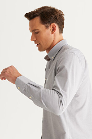 Erkek Antrasit-Beyaz Slim Fit Dar Kesim Düğmeli Yaka Pamuklu Çizgili Gömlek