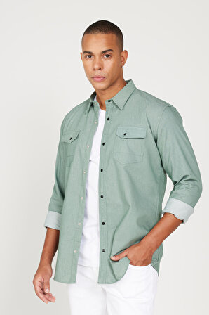 Erkek Yeşil Slim Fit Dar Kesim Klasik Yaka Pamuklu Gömlek