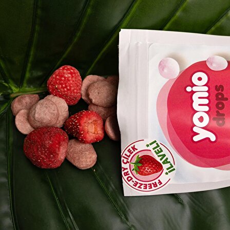 Yomio Drops Fonksiyonel Özellikli Kırmızı Meyveli Kuru Yoğurt Freeze Dry Bütün Çilek