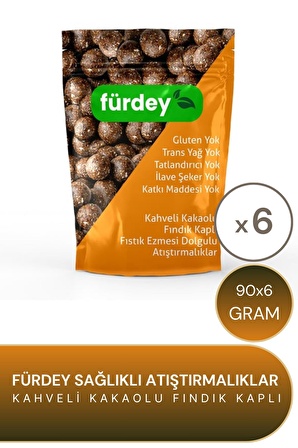 Fürdey Kahveli Kakaolu Fındık Kaplı Sağlıklı Atıştırmalıklar 90 g - 6 Adet