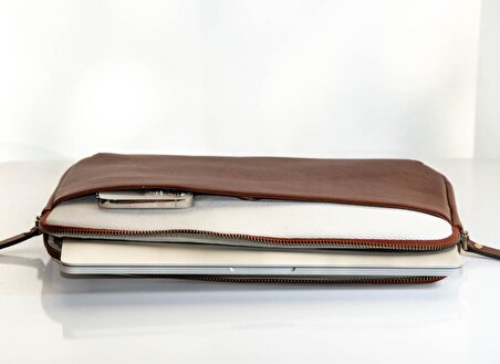 RexOwl Deri & Kanvas Laptop Case 16'' - Taba / Kirli Beyaz