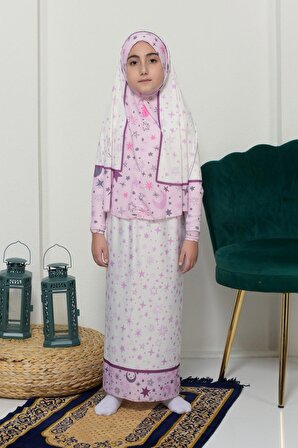 Çocuk Namaz Takımı Pratik İki Parça Desenli Kollu Tak Çıkar Başörtülü Likralı Tesettür Elbise (6-12 Yaş) 901-0301