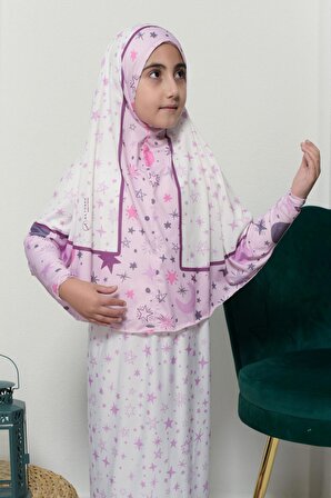 Çocuk Namaz Takımı Pratik İki Parça Desenli Kollu Tak Çıkar Başörtülü Likralı Tesettür Elbise (6-12 Yaş) 901-0301