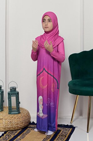 Çocuk Namaz Takımı Pratik Tek Parça Desenli Kollu Tak Çıkar Başörtülü Likralı Tesettür Elbise (6-12 Yaş) 925-0201