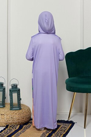 Çocuk Namaz Takımı Pratik Tek Parça Desenli Kollu Tak Çıkar Başörtülü Likralı Tesettür Elbise (6-12 Yaş) 925-0301