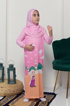 Çocuk Namaz Takımı Pratik Tek Parça Desenli Kollu Tak Çıkar Başörtülü Likralı Tesettür Elbise (6-12 Yaş) 925-0301