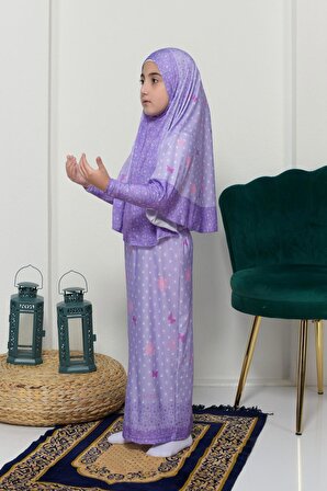 Çocuk Namaz Takımı Pratik İki Parça Desenli Kollu Tak Çıkar Başörtülü Likralı Tesettür Elbise (6-12 Yaş) 901-0102