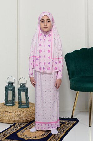 Çocuk Namaz Takımı Pratik İki Parça Desenli Kollu Tak Çıkar Başörtülü Likralı Tesettür Elbise (6-12 Yaş) 901-0201