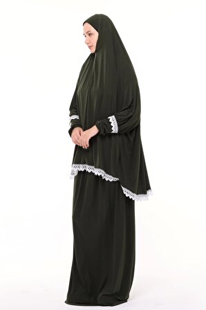 Kadın İki Parça Likra Sandy Kumaş Dantelli Kollu Namaz Elbisesi