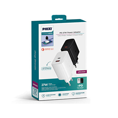 Phixi UPD4325 USB Hızlı Şarj Aleti Beyaz