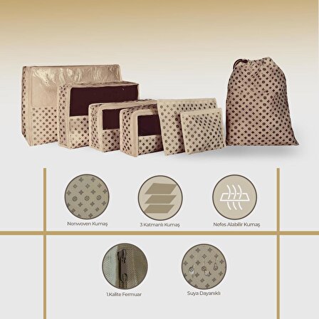 Cuty Home Ev Tekstil Düğme Desen Bej Valiz Organizer -7 Li Set
