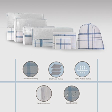Cuty Home Ev Tekstil Ekose Desen Beyaz Valiz Organizer -7 Li Set