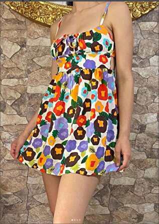Elbise Renkli Çiçek Desen Baskılı Arka Lastikli Mini