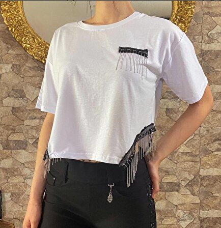 Kadın Yan Oval Kesim Üzeri Zincir Tasarımlı Bohem Tshirt
