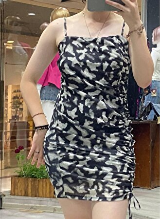 Kadın Baskılı Tül Krep Kumaş Etek Bel kısmı asansörlü Askılı Mini Elbise