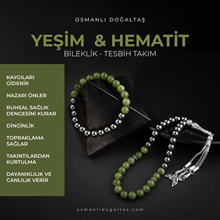 Yeşim-Hematit Doğal Taş Tesbih Bileklik Seti