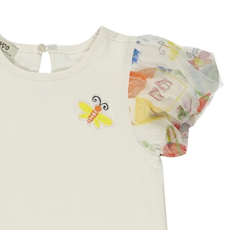 Panço Kız Çocuk Kolları Tül Detaylı T-Shirt Ekru