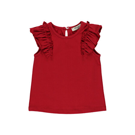 Panço Kız Çocuk Omuzları Fırfırlı T-Shirt ve Eteği Tüllü 2  li Takım Kırmızı