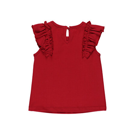 Kız ÇocukOmuzları Fırfırlı T-Shirt ve Eteği Tüllü 2  li Takım Kırmızı